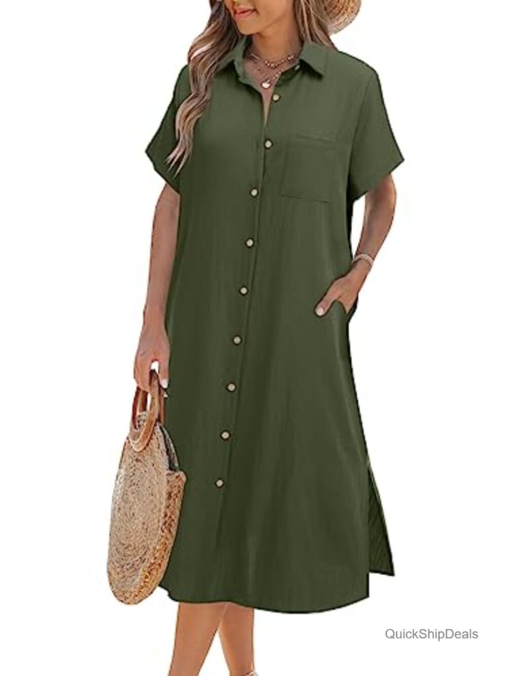 Women Casual Short Sleeve Button Down Shirt Dress with Pockets